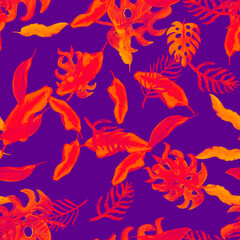 Monstera Pattern Painting. Violet Seamless Foliage. Nature Palm. Orange Watercolor Leaves. Tropical Foliage. Floral Design. Summer Textile.Isolated Jungle.
