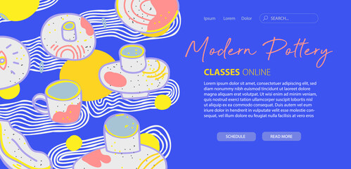 Modern pottery website template, web page, landing page. Design for developing website and mobile site. Pottery school, ceramics courses, master class, workshop. Vector layout in doodle cartoon style