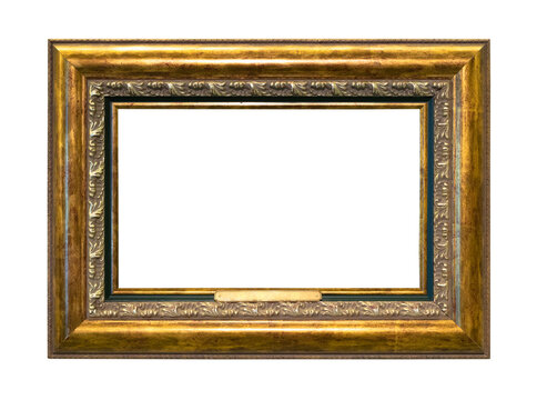 wide gilded wood picture frame with nameplate