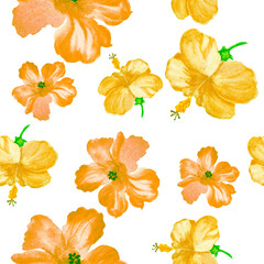 Yellow Hibiscus Leaves. Gold Seamless Background. Golden Flower Plant. Orange Watercolor Plant. White Pattern Decor. White Tropical Set. Summer Garden.