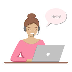 Call centre operator working at table. Cheerful and pretty young woman dispatcher in pink clothes with headphones device and computer. Speech bubble for your text. Flat design, vector illustration 