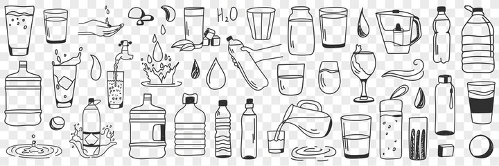 Water forms and shapes doodle set. Collection of hand drawn various states of water in bottles glass jars and taps for cleaning and drinking in rows isolated on transparent background 