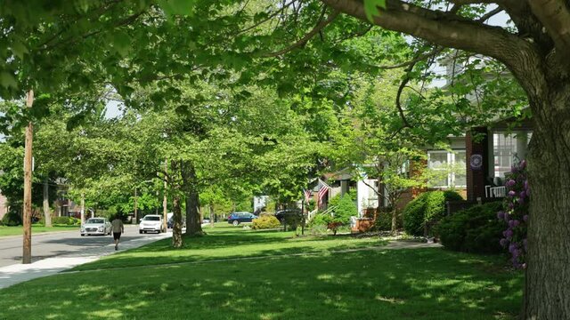 A summer view of front yards in a typical Pennsylvania residential neighborhood. American flags on the porches. Pittsburgh suburbs.  	