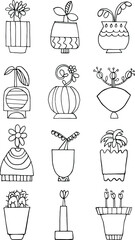 Plantas, flores e vasos. Conjunto de 12 icons vectoriais.