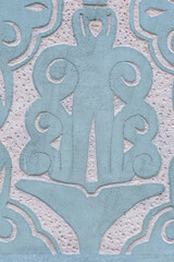 Crop of original art deco ornamentation in classical style downtown district, Madrid, Spain. Pastel blue faded colour
