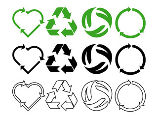 Recycling.Set recycle icons sign.Recycle logo or symbol.Vector green and black line icons for packaging , recycling.ecology, eco friendly, environmental management symbols.