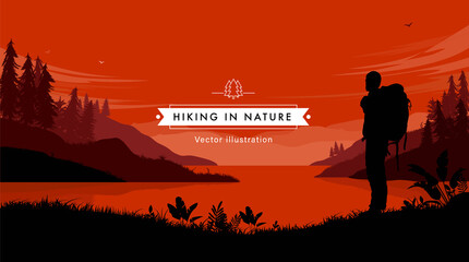 Red landscape with hiker in nature - Backpacker standing in dramatic wilderness. Background and wallpaper concept, vector illustration.