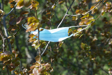 A medical mask hangs on a tree branch. Environmental pollution, medical waste.