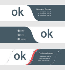 Set of blue grey banner, horizontal business banner templates. Banners with template for text and ok symbol. Classic and modern style. Vector illustration on grey background