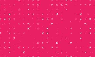 Seamless background pattern of evenly spaced white plane symbols of different sizes and opacity. Vector illustration on pink background with stars