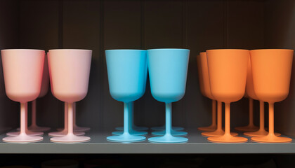 Colorful wine glasses in pink, blue and orange colors. Multicolored dishes in the kitchen bar