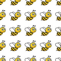 Cartoon bees seamless pattern. Bee flying on white background. Vector illustration.