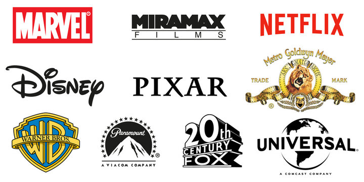 Set of popular film studio: netflix, marvel, pixar, disney, 20th fox, miramax, universal