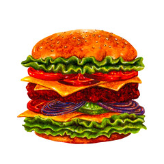 Cheeseburger with tomato, cucumber, onion and salad