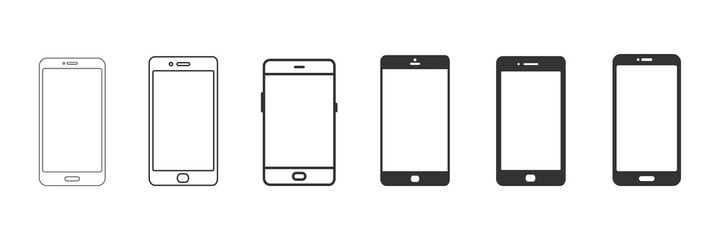 Smartphone icon set. Mobile phones mock up with empty screen collection. Modern linear gadgets group. Vector illustration isolated on white background.