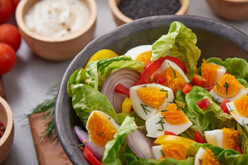 Diet menu. Healthy salad of fresh vegetables - tomatoes, egg, Onion. high angle view of a nutritious vegetable salad with boiled egg slices, served.  Healthy meal concept.
