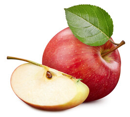 Apple fruit with apple slices and leaves isolated on white background