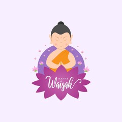 Happy Vesak day or buddha purnima. Lord Buddha meditating on lotus in flat vector illustration.
