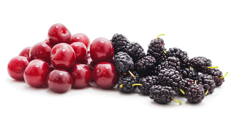 Red ripe cherries with mulberry.