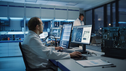 Modern Electronics Development Facility: Engineer Works on Computer with CAD Software. Team of...