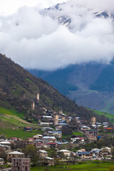 Fototapeta na wymiar Towers of Mestia village in Svaneti area Caucasus mountains in Georgia