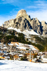 Fototapeta na wymiar Ski Resort of Corvara on a sunny day, Alta Badia, Dolomites Alps, Italy