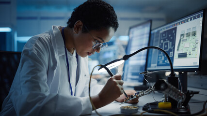 Modern Electronics Research, Development Facility: Black Female Engineer Does Computer Motherboard...