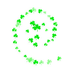Saint patricks day background with shamrock. Lucky trefoil confetti. Glitter frame of clover leaves. Template for gift coupons, vouchers, ads, events. Merry saint patricks day backdrop.