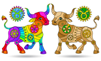 Illustration in the style of a stained glass window with a set of zodiac signs Sagittarius, figures isolated on a white background