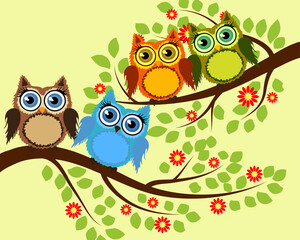 Fototapeta na wymiar Bright cute cartoon owls sit on the flowering branches of fantastic trees.