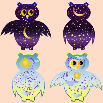 owl-night. owl silhouettes painted with a night sky with stars and a young moon.