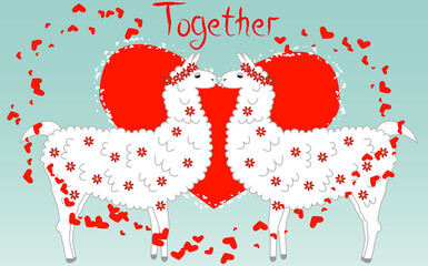 Two lovers kissing llamas surrounded by hearts. Love is in the air. Inscription Together in a red heart surrounded by lesser hearts, postcard, Valentine's day