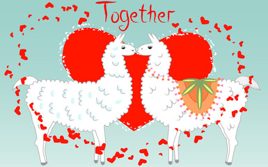 Two lovers kissing llamas surrounded by hearts. Love is in the air. Inscription Together in a red heart surrounded by lesser hearts, postcard, Valentine's day