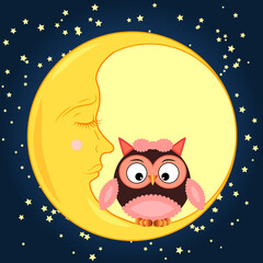Cute cartoon owl sitting on a round dormant crescent moon in the night sky with stars