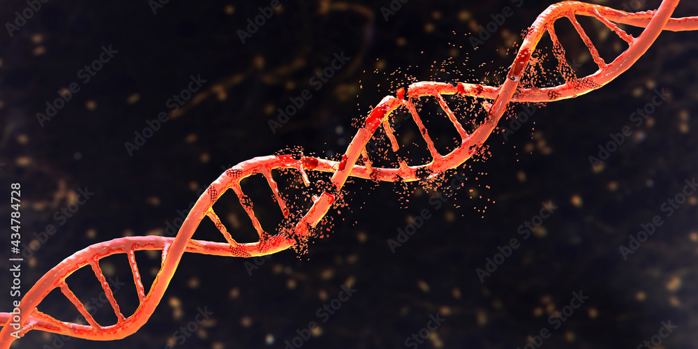 Wall mural dna damage, 3d illustration. concept of disease, genetic disorder or genetic engineering