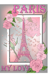 Vintage France poster design. romantic background with Eiffel tower and roses
