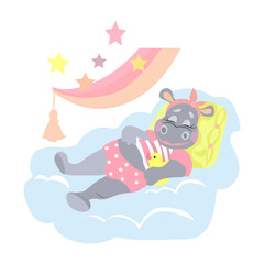 A baby hippo sleeps in pajamas on a cloud on a yellow pillow under multi-colored curtains. Concept - design for children's rooms, posters, postcards