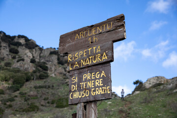 Respect nature sign on Arcuentu mountain, Sardinia, Italy