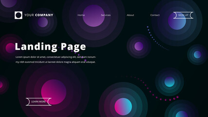 Landing page design with glowing blue pink circles vector illustration.