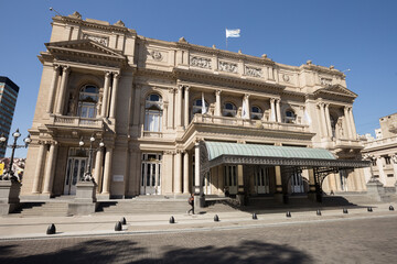 Facade of The Teatro Colón (Columbus Theater) View from Libertad street in a sunny day.