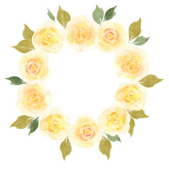 Hand drawn watercolor yellow rose wreath. Post card