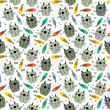 	
Seamless pattern with cat and fish. Cartoon cats for textiles, wallpaper, background. Vector illustration	
