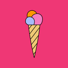 Cute and funny ice cream clipart for summer hot days, colorful, bright, trendy, tasty. Stylized vector with hand drawn outline isolated on background. For sticker, scrapbook, fabric, social media.