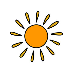 Cute, funny hand drawn vector clipart sun. Stylized illustration with hand drawn outline isolated on background. For sticker, scrapbook, fabric, social media, posters, patterns, socks, wrapping paper.