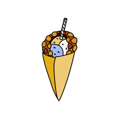 Cute and funny Hong Kong waffle with ice cream. Vector fast food isolated on white background. Stylized illustration with hand drawn outline isolated on background. For stickers, social media, posters