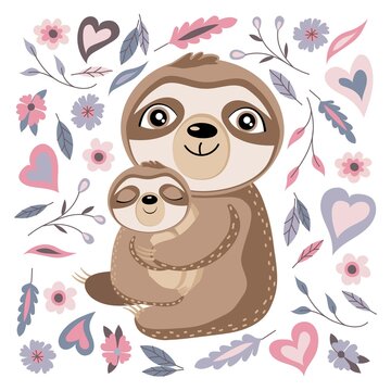 Cute sloth mom and baby. Vector illustration decorated with flowers and hearts in a flat style. Baby shower cards, Happy Mother's Day.