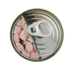 Open tin can of wet pet food isolated on white, top view