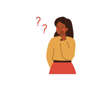 Black woman thinks about something and looks at question marks. Thoughtful African girl makes the decision or explains some things for herself. Vector illustration