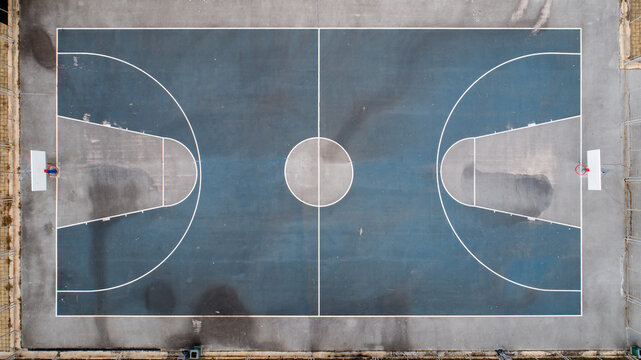 Top down view of public basketball court. School college with Basketball court