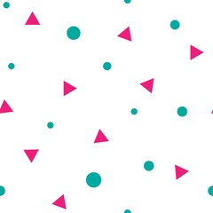 Abstract ornament with blue dots and circles and pink triangles. confetti on white background.